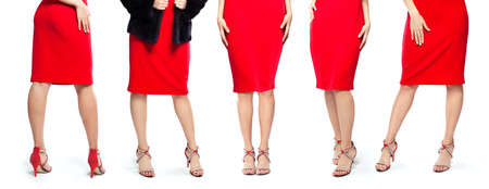 Perfect sexy woman legs in red high heels shoes on white background