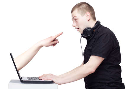 Someone has pointing from the Internet on the man. Communication concept.の写真素材