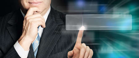 Business man pointing to empty address bar in virtual browser. Seo, internet marketing and advertising marketing conceptの写真素材