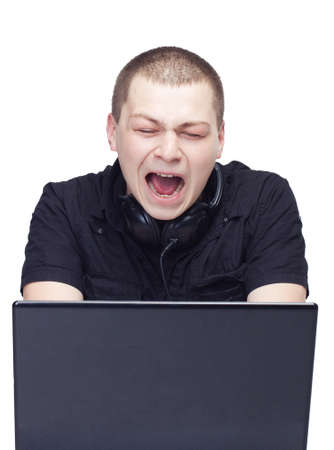 Man fear and looking in monitor computerの写真素材