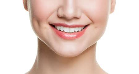 Female lips with natural color lipstick. Woman smilingの写真素材