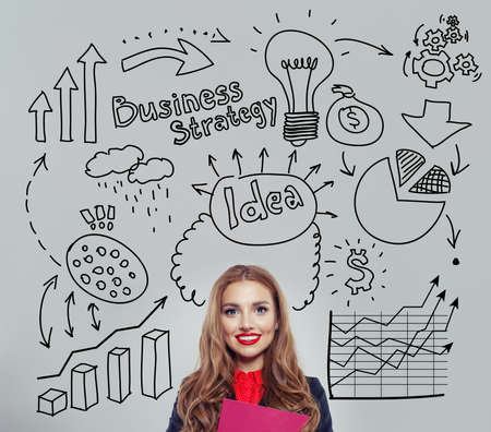 Happy businesswoman planning . Business idea and brainstormingの写真素材
