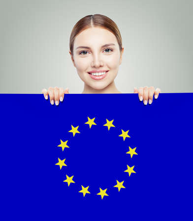 Woman showing EU flagの写真素材