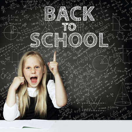 Shouting Student school girl show finger up. Back to school background. concept search Ideasの写真素材
