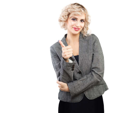 Happy businesswoman showing thumb up on white backgroundの写真素材
