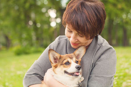 Woman embracing corgi puppy dog, outdoors portraitの写真素材