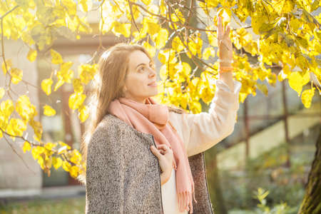 Beautiful autumn woman looking at sun through yellow maple leaf outdoors. Romantic girl in fall parkの写真素材
