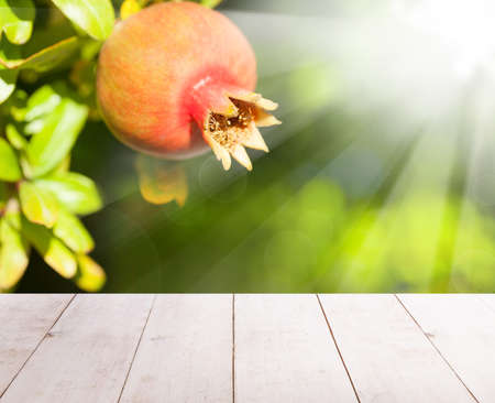 Pomegranate fruit on abstract green leaves and wooden table outdoorsの写真素材