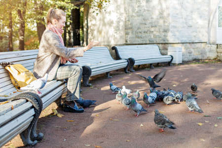 Pretty woman resting in park and feeding pigeonsの写真素材