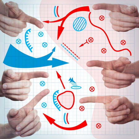 Hands over Map. Close up of a hand with pencil over a military mapの写真素材