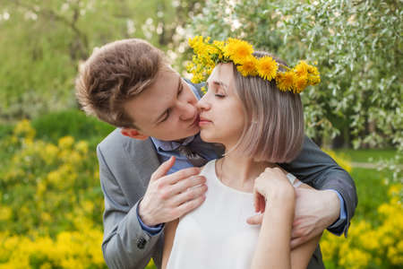 Romantic young couple together outdoorの写真素材