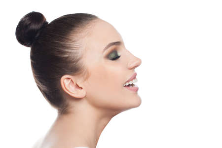 Beautiful perfect woman spa model smiling isolated on white background. Beautiful face, profile