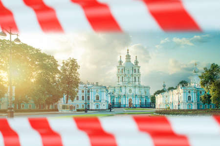 Closed Smolny Resurrection of Christ Cathedral in St. Petersburg, Russia with warning tapeの写真素材