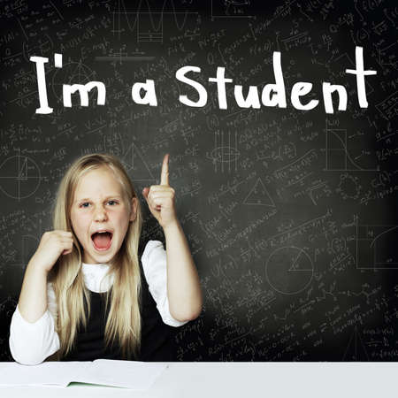 Student little girl and science background. child rejoices in scientific discovery