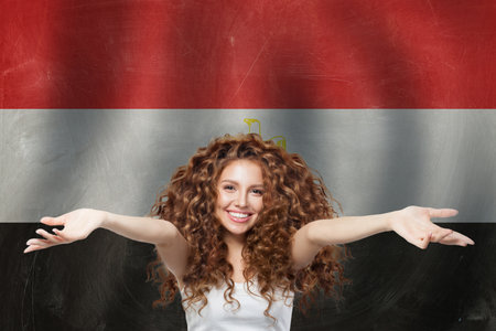 Old banner with Egypt flag background. Egypt, travel and learn arabic language conceptの写真素材