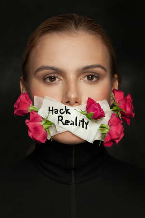 Woman with sealed mouth, depression conceptの写真素材