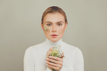 Beautiful emotional woman with flowers. Hope conceptの写真素材