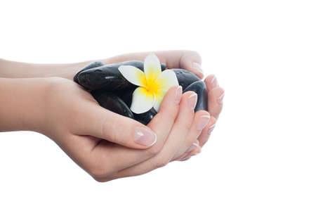 Black massage stones and tropical flower in beautiful woman hands with manicured nailsの写真素材