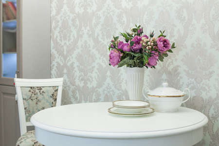 White wooden table in kitchen room interior, interior detail