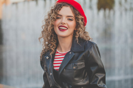Happy smiling woman in french style clothes outdoor portraitの写真素材