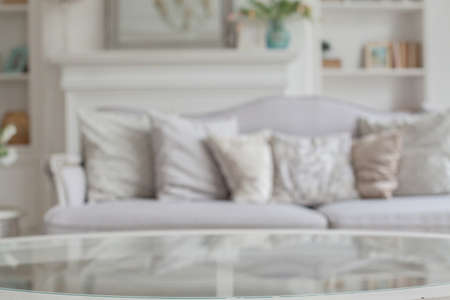 Table top on blur living room mock up background banner, can be used for display or montage your productsの写真素材