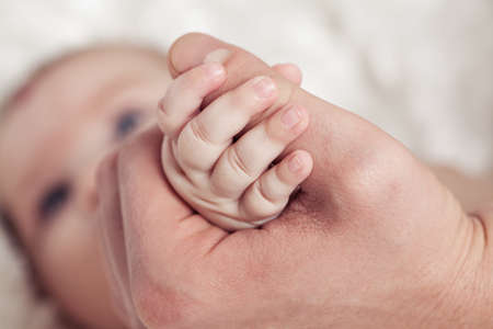Parent hand holding newborn baby fingers, Close up mother's hand holding their new born baby. Love family day, healthcare and medical body part father's day conceptの写真素材