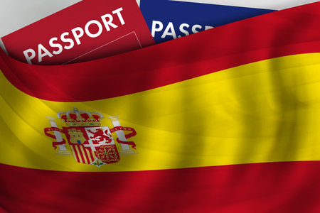 Spanish flag background and passport of Spain. Citizenship, official legal immigration, visa, business and travel concept.の写真素材