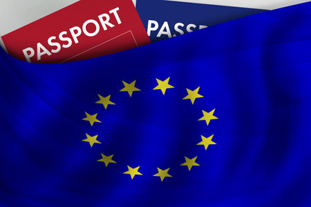 EU flag background and passport of European Union. Citizenship, official legal immigration, visa, business and travel concept.の写真素材