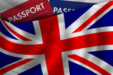 UK flag background and passport of United Kingdom. Citizenship, official legal immigration, visa, business and travel concept.の写真素材