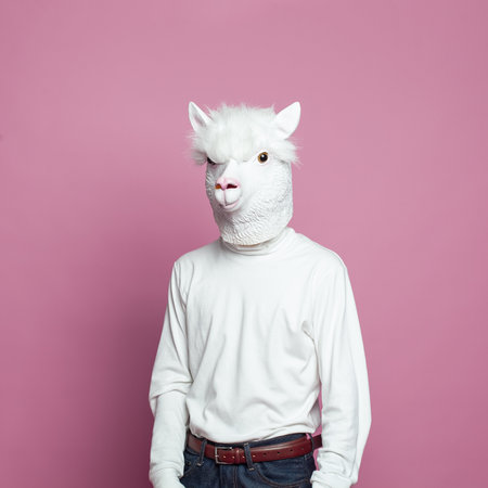 Portrait of Llama person on pink backgroundの写真素材
