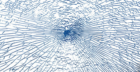 Broken glass with blue cracks. Abstract cracked shot window on whiteの写真素材