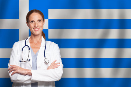 Greek general practitioner doctor on the flag of Greeceの写真素材