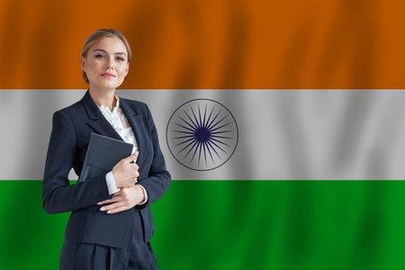 Indian businesswoman on the flag of India digital  nomad, business, startup conceptの写真素材