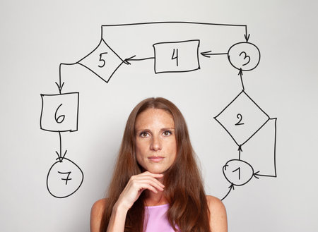 Pensive serious mature brunette woman with block diagram chart above her head. Idea, brainstorming, thinking conceptの写真素材