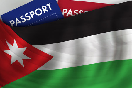 Jordanian flag background and passport of Jordan. Citizenship, official legal immigration, visa, business and travel concept.の写真素材