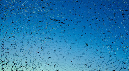 Blue broken shattered glass with black cracksの写真素材