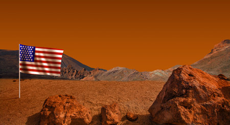 American flag on red planet, science fiction background