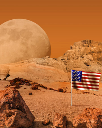 Red planet with dry land landscape and American flag, science fiction background. Elements of this image furnished by NASA.の写真素材