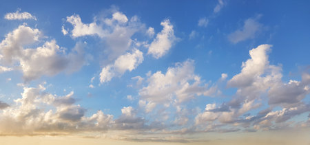 White cloud on blue sky. Panoramic idyllic atmosphere blue sky with clouds, horizon landscape...