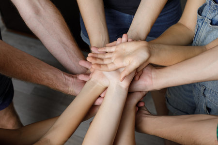 Many open hand palm together. Family, unity and team concept