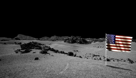 Black space landscape with flag of USAの写真素材