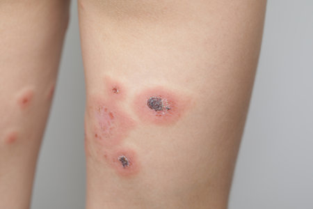 Female leg closeup. Body with skin problem. Infectious disease. Allergy, dermatitis, virus or...