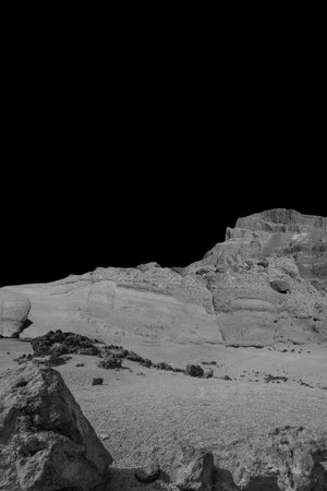 Planet landscape with rocky hills, mountains and black horizon. Exploration and science fiction...