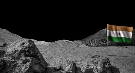 Indian flag on Moon. Cosmic scene, exploration and science fiction background
