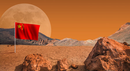 Orange landscape on planet Mars, scenic desert scene on the red planet with flag of China. Chinese space program conceptの写真素材