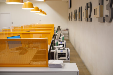 Empty Bank office interior with teller counters