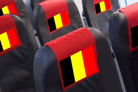Belgian Flag on Empty seat in plane. Travel, flight and transportation in Belgium conceptの写真素材