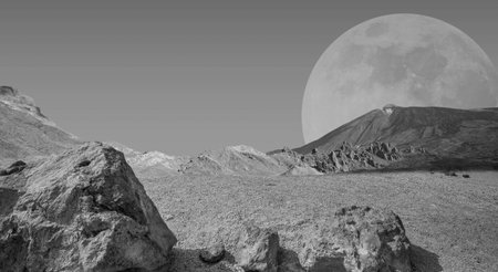 Asteroid landscape with mountain, sky and empty desertの写真素材