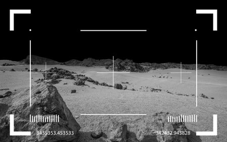 Dark planet, satellite or asteroid landscape. Cosmic scene with desert, stone, sand and black heaven. Space backgroundの写真素材