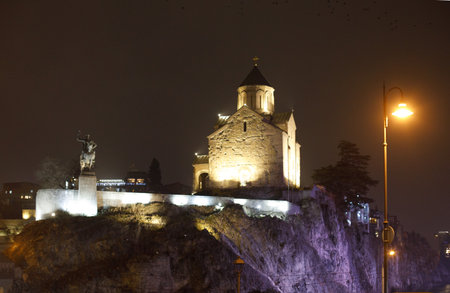 The Virgin Mary Assumption Church of Metekhi in Tbilisi at nightの写真素材